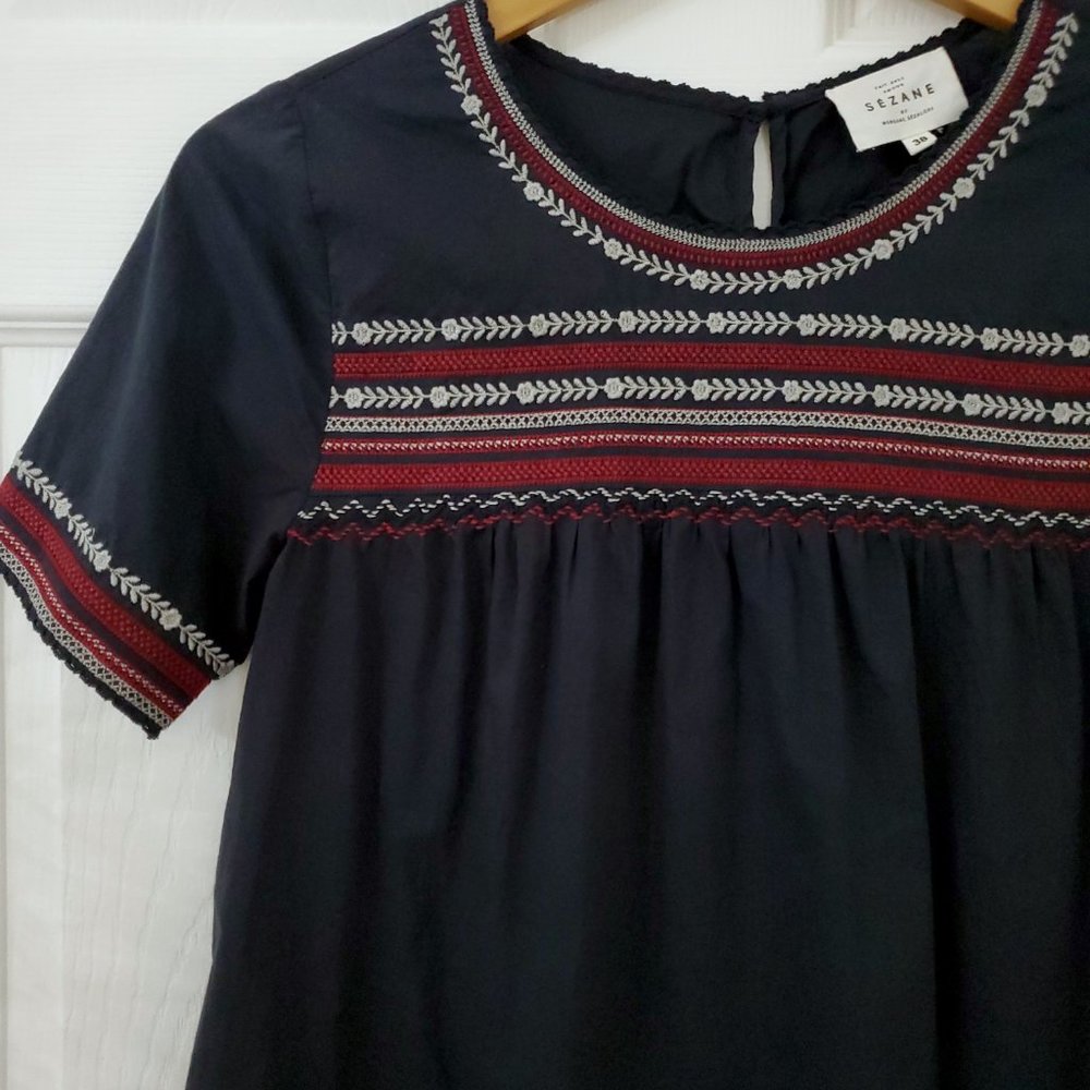 Sezane by Morgane Sezalory Embroidered Boho Navy Cotton Top - Picture 2 of 16